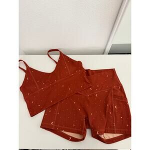 Popflex Women’s Sports Bra And Bike Shorts Set Stars and Moon Orange Size Large